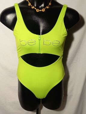 bebe Neon Lime Cutout One-Piece with Rhinestone Logo